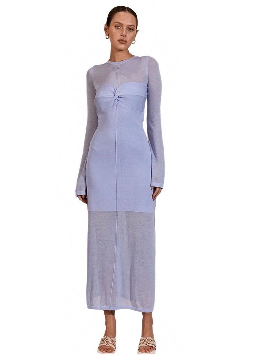 Mon Renn Azul Soft Knit Long Sleeve Twist Bust Sheer Panel Midi Periwinkle S
